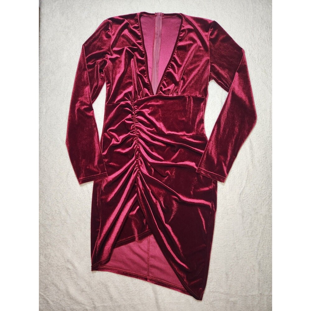 Women's Long Sleeve Velvet Dress Burgundy Plunge V Neck Asymmetric Ruched Large